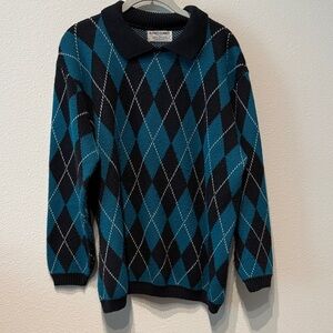 Vintage Teal and Black Argyle Crewneck Sweater with Collar